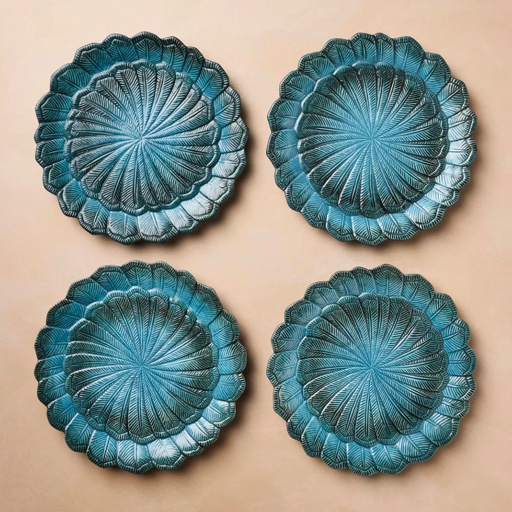 JOHN DERIAN For Target BLUE STONEWARE FEATHER SALAD PLATE SET 4 NEW NIB